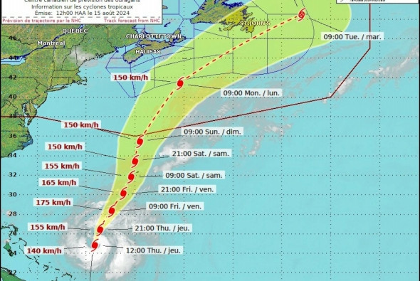 截至周五早上飓风埃内斯托的路径预测，风暴开始远离新斯科舍省，但仍将影响纽芬兰岛。